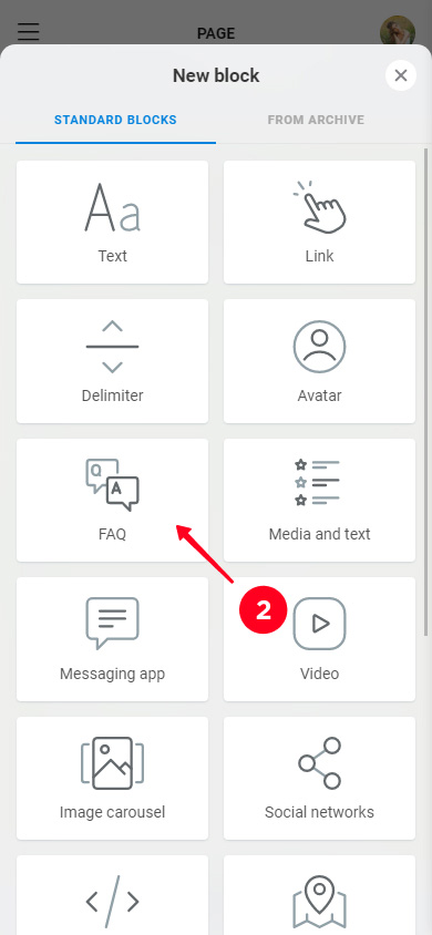 Scelta del blocco FAQ nell'elenco dei blocchi Taplink