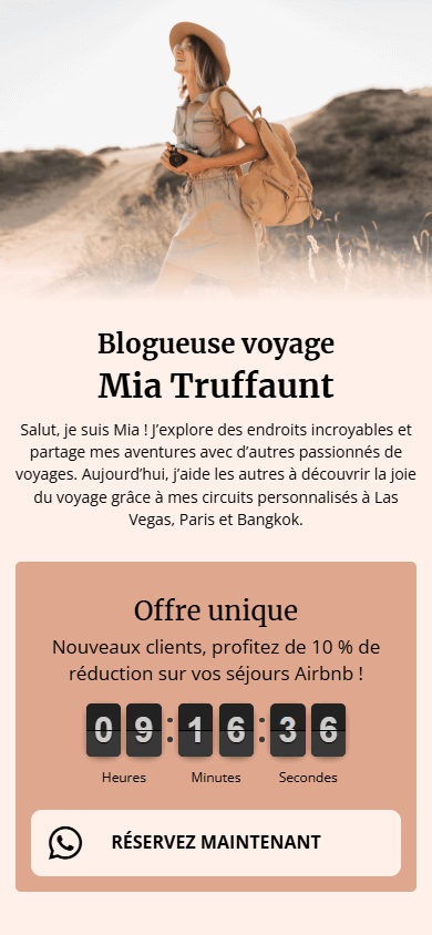 Le haut de l’exemple de la page créée et personnalisée avec l’outil de lien en bio Taplink AI