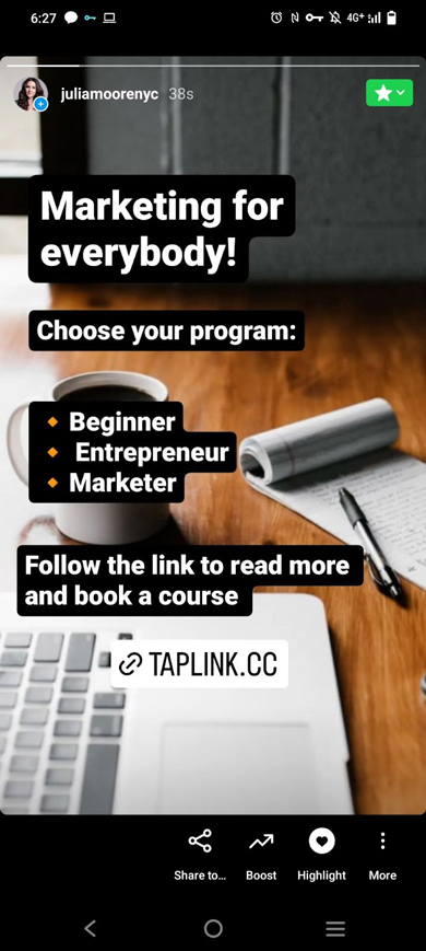 An Instagram story with a call to follow the link and a clickable link