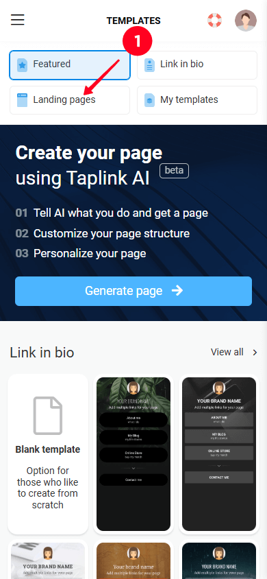 Tapping the Landing pages tab in the Taplink template library