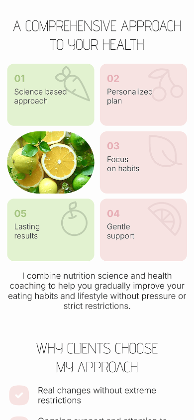Middle of a nutritionist’s page with pastel cards created with Taplink’s Custom block