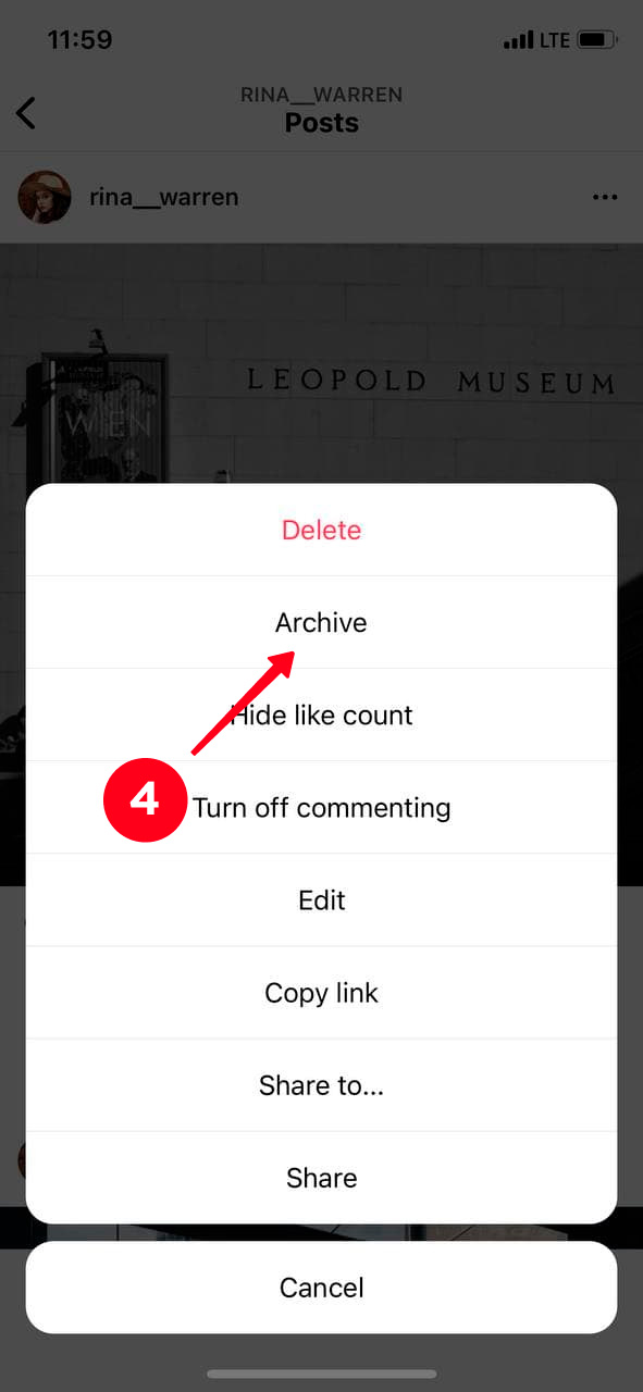 Choosing Archive on the list of options in the Instagram app