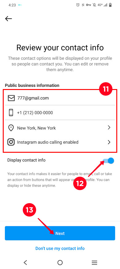 Adding business contact details when setting up a professional account in the Instagram app