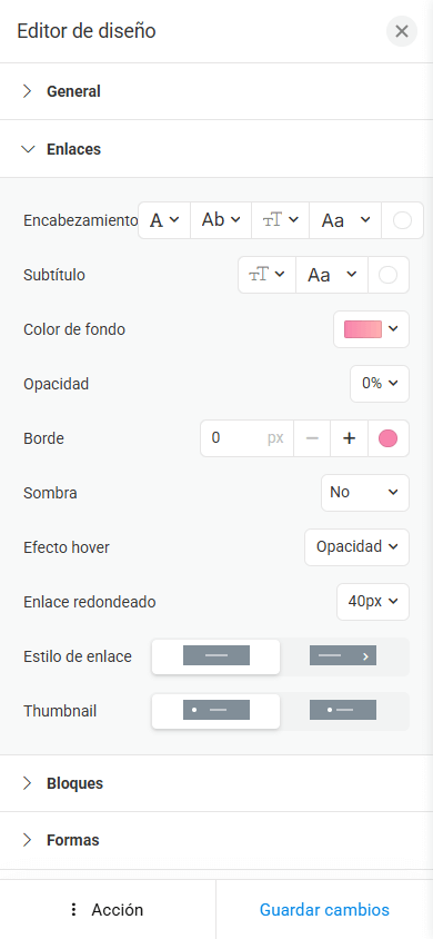 Editor para cambiar el diseño de una página de Linktree