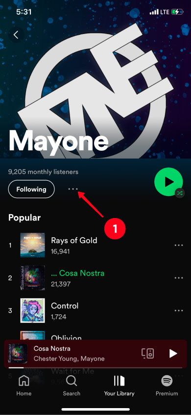 Opening artist profile options in the Spotify app
