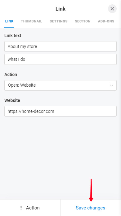 Saving the changes for the Link block