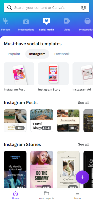 Canva website homepage with template categories
