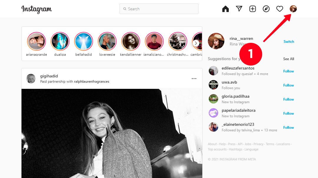 Tapping the profile photo in the Instagram feed tab on a desktop