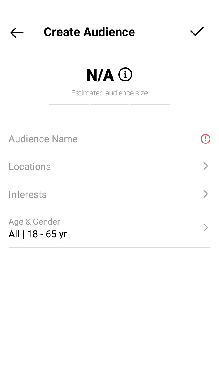 Page for creating a custom target audience when setting up post boosting on Instagram