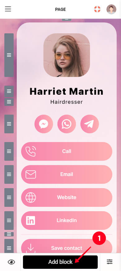 Tapping Add block in the business card editor
