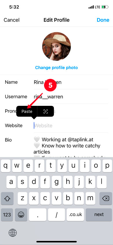 Pasting Spotify profile link to the Instagram bio in the profile settings