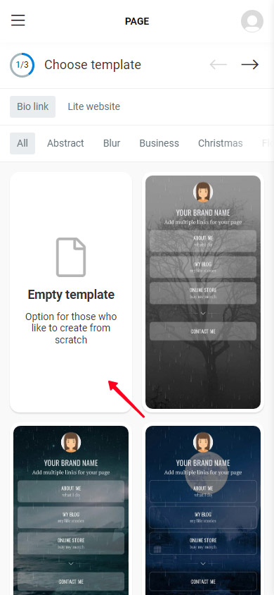 Choosing the empty template for an Instagram landing page on Taplink
