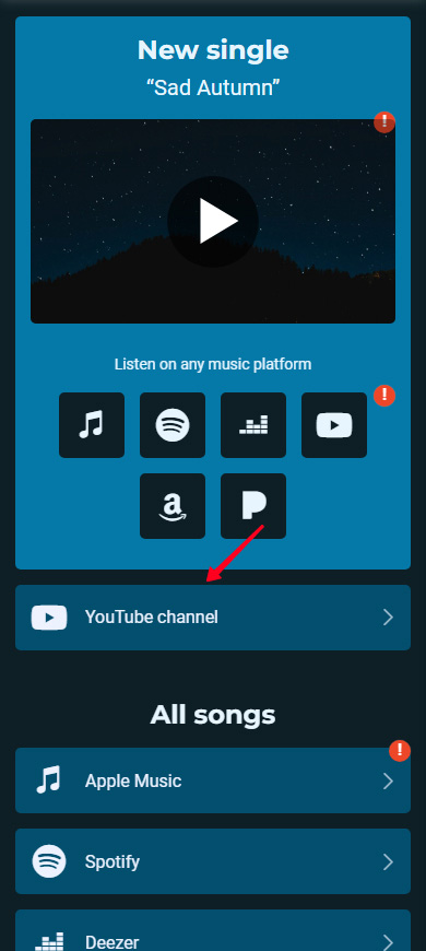 Highlighted YouTube channel link on an Instagram link in bio page made on Taplink