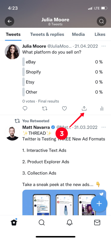 Tapping the share icon under a Tweet on the Twitter profile page