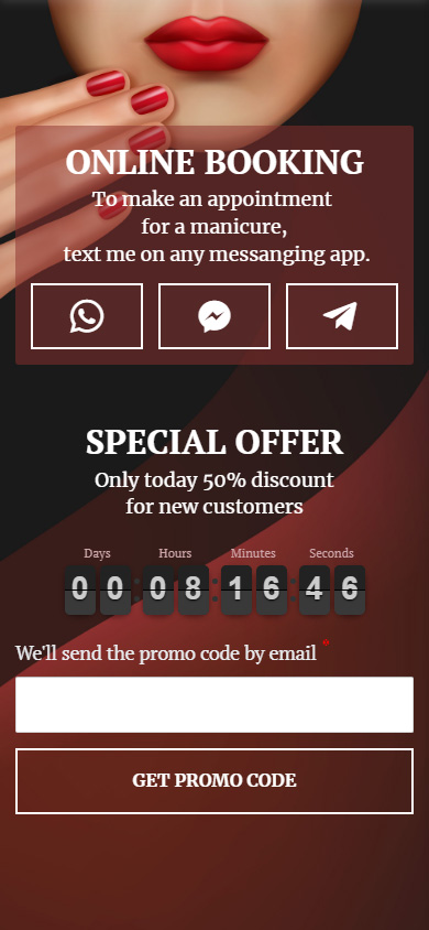 Booking section with messaging app links and a special offer section with a timer and opt-in form on a Taplink page