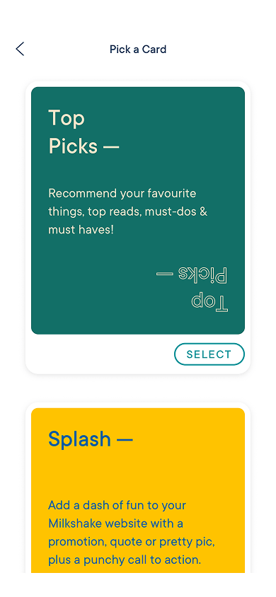 Card templates in the Milkshake website builder