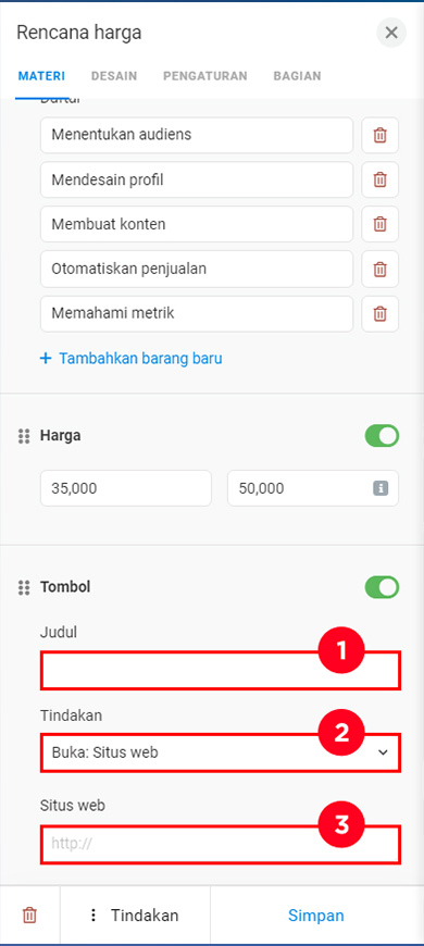 Bidang yang disorot dalam pengaturan tombol