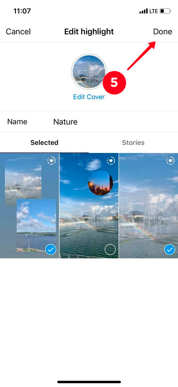 Tapping done in the highlight editing menu in the Instagram app