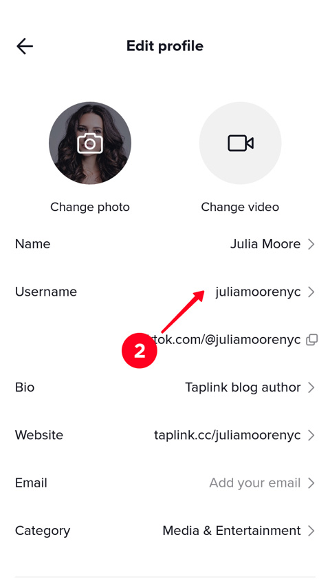 Choosing Username in the TikTok profile settings