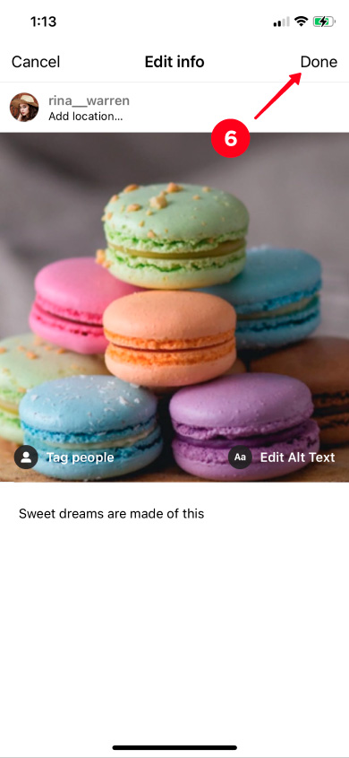 Saving changes made for an Instagram post