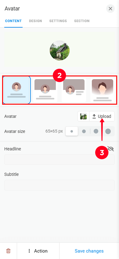 Choosing a profile image type and tapping Upload in the profile image settings
