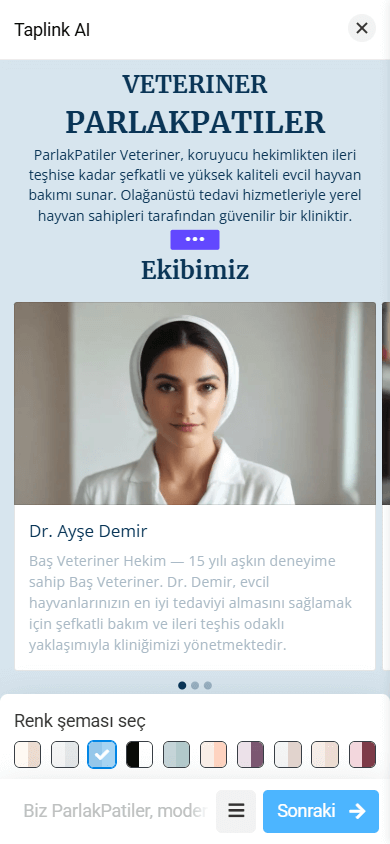 Taplink AI link in bio aracında mavi renk paleti içeren bir sayfa