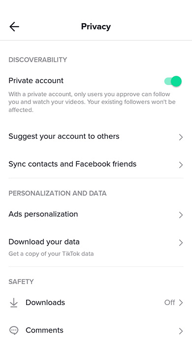 Discoverability, and Personalization and data privacy settings in the TikTok app