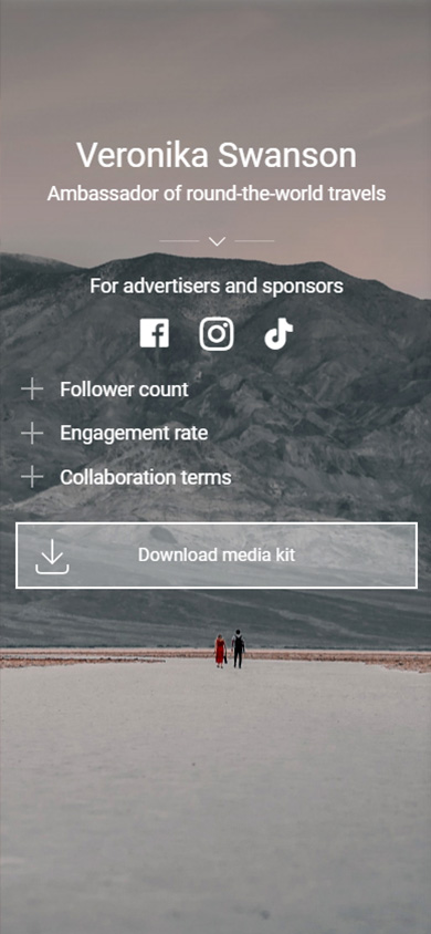Taplink page with social network links and a media kit link made for a travel Instagram blogger