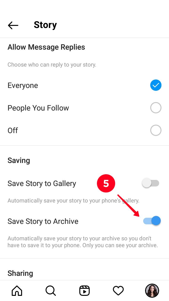 Activating the Save Story to Archive feature in the Instagram settings