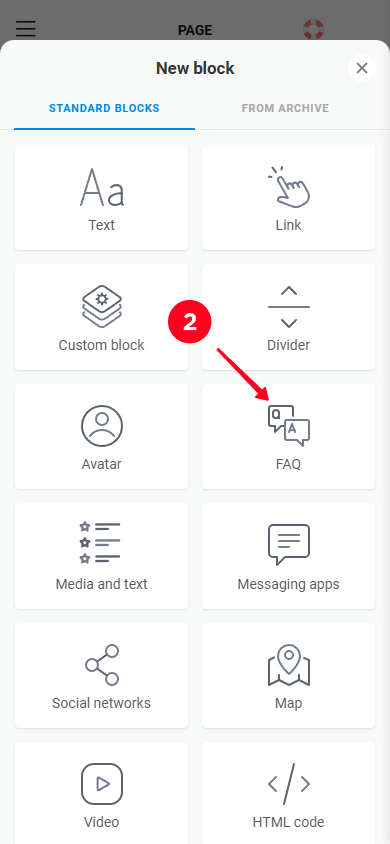 Selecting the FAQ block in the block library in the landing page editor