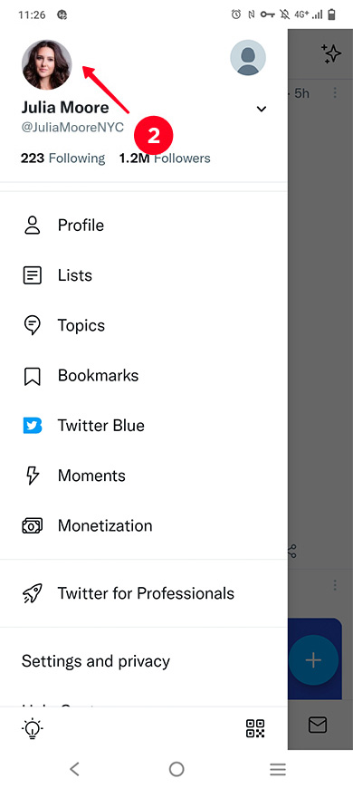 Tapping the profile photo in the menu in the Twitter app