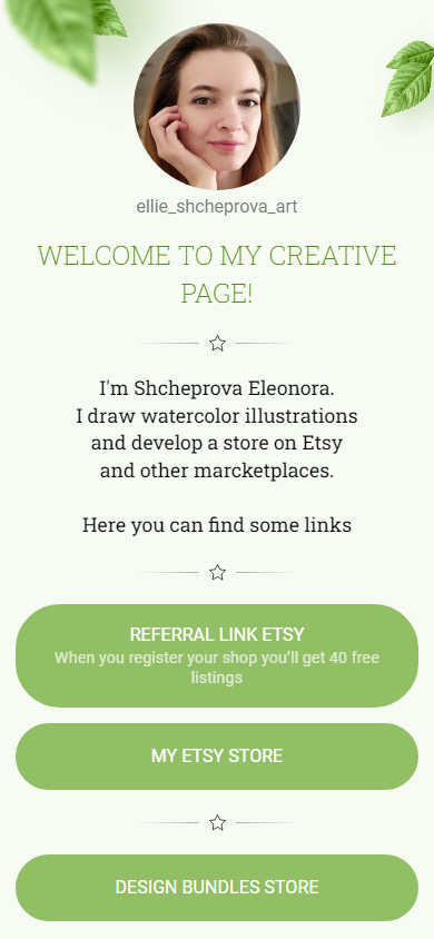 Instagram link in bio page with a list of Etsy links made on Taplink for an illustrator