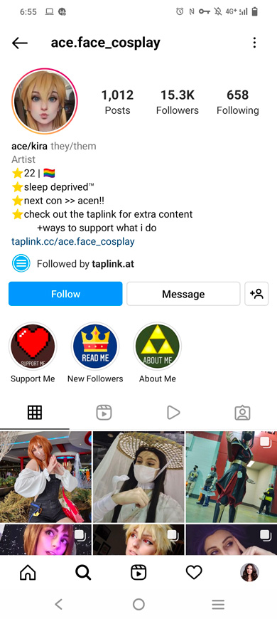 Profilo Instagram di un cosplayer con un link alla pagina Taplink nella bio
