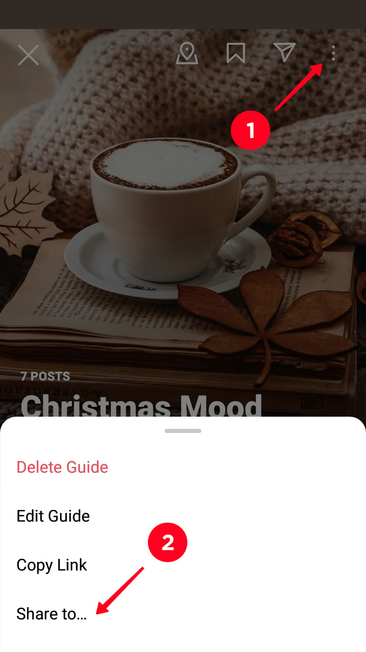 Tapping the three dot menu and Share to… button on an Instagram guide’s page