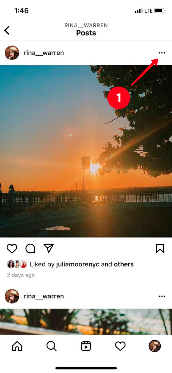 Opening the three-dot menu of an Instagram post