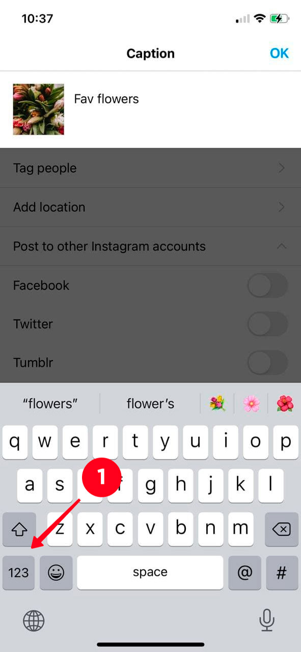 Tapping the 123 button on an iPhone keyboard