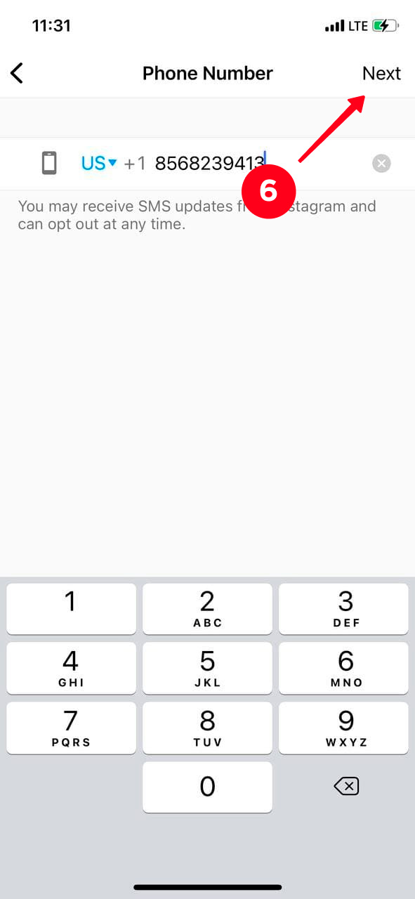 Tapping Next when changing the phone number on Instagram