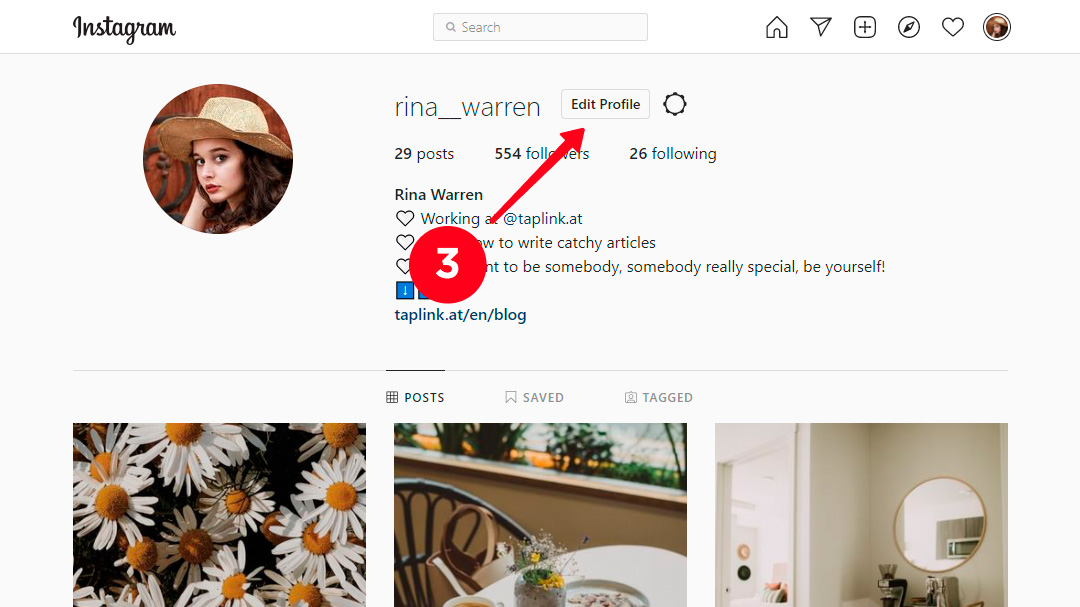 Tapping Edit profile on an Instagram profile page on a computer
