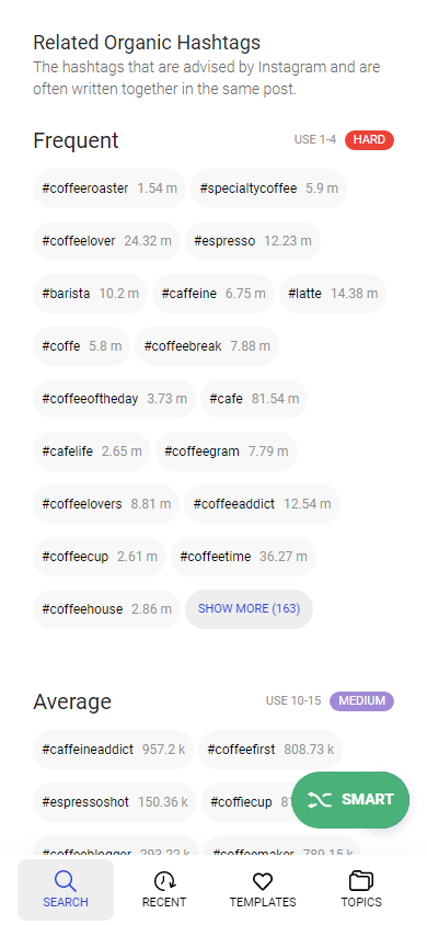 The Frequent section with Instagram hashtags collected by Inflact