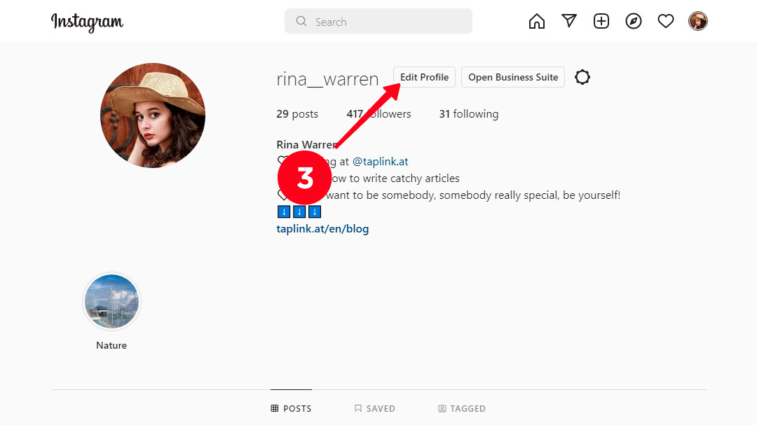 Choosing Edit Profile on an Instagram user page on the desktop site