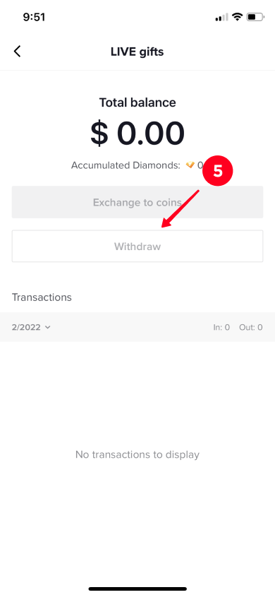 Tapping Withdraw in the LIVE gifts section on TikTok