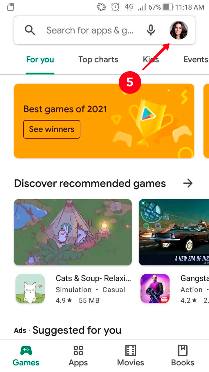 Tapping the profile photo in the Google Play on an Android smartphone