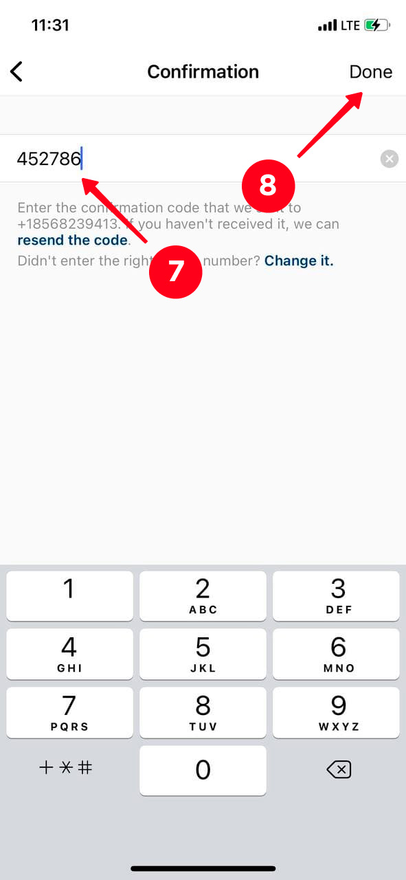 Confirming linking a new phone number on Instagram