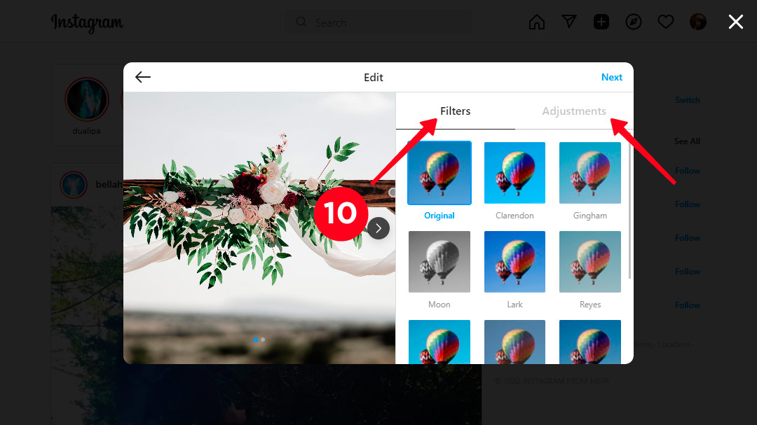 Highlighted Filter and Adjustments tab in the desktop Instagram photo editor