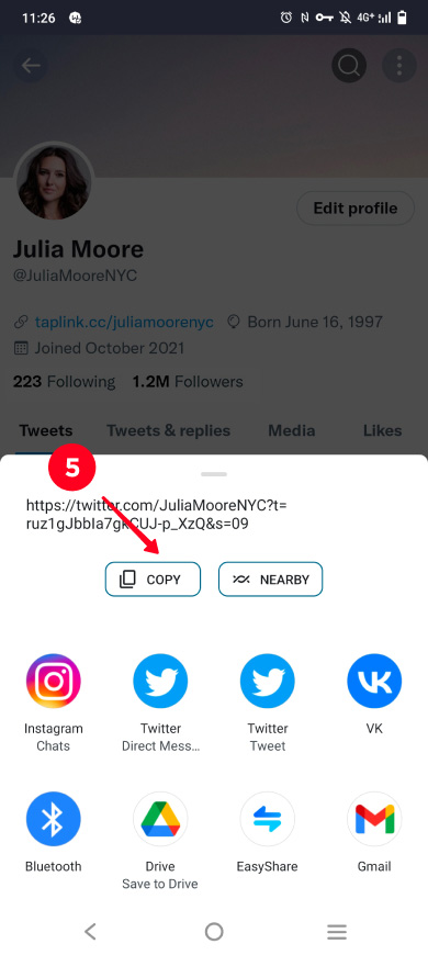 Choosing copy on the list of profile sharing options