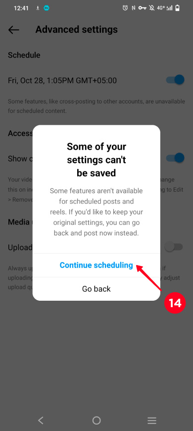 Tapping Continue scheduling in a pop-up window