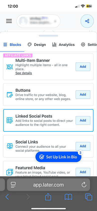 Top of the content blocks available in Linkin.bio by Later