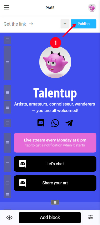 Tapping the Publish button in the Taplink page editor
