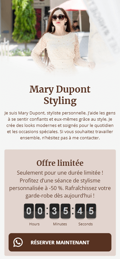 Une partie de la page générée dans Taplink AI avec une image de profil, une description et une offre limitée