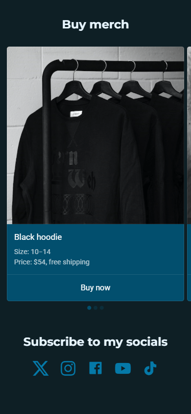 The bottom of the music website with the merch shop and social media links